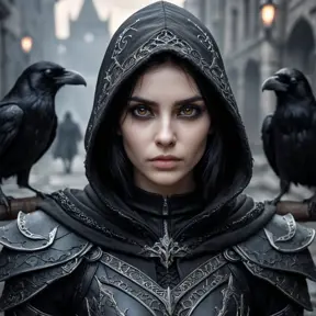 Intricate portrait of a horrifying pale assassin dusk elf, black hair, black eyes, fully covering black hooded armor in an apocalytpic world with Ravens