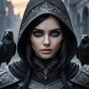 Intricate portrait of a horrifying pale assassin dusk elf, black hair, black eyes, fully covering black hooded armor in an apocalytpic world with Ravens