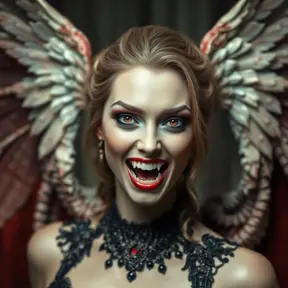 A beautiful winged romanian vampire woman with fangs, red eyes