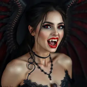 A beautiful winged romanian vampire woman with fangs, red eyes