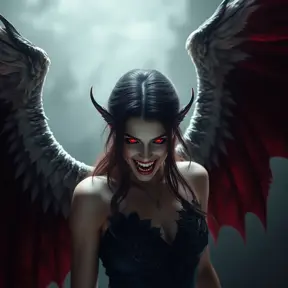 A beautiful winged romanian vampire woman with fangs, red eyes