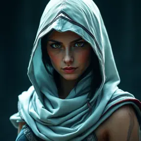 A beautiful Kassandra wearing a white hood in full Assassin's Creed style