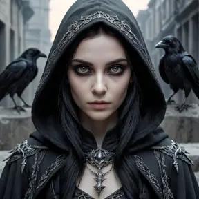 Intricate portrait of a horrifying pale hooded assassin dusk elf, black hair, black eyes, in a dystopian world with Ravens