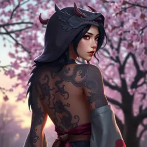 Nidalee, adorned with intricate, dragon-themed tattoos that cover her back and shoulders, dressed in a traditional, Japanese-inspired outfit with a hood, standing in a serene, cherry blossom grove at dusk.