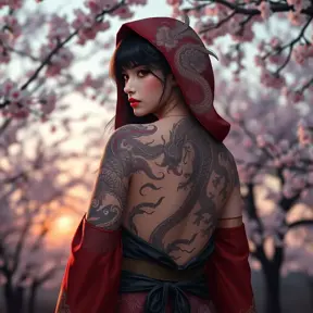 Morgana, adorned with intricate, dragon-themed tattoos that cover her back and shoulders, dressed in a traditional, Japanese-inspired outfit with a hood, standing in a serene, cherry blossom grove at dusk.