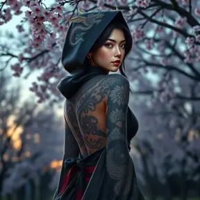 Morgana, adorned with intricate, dragon-themed tattoos that cover her back and shoulders, dressed in a traditional, Japanese-inspired outfit with a hood, standing in a serene, cherry blossom grove at dusk.