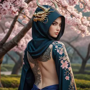 Morgana, adorned with intricate, dragon-themed tattoos that cover her back and shoulders, dressed in a traditional, Japanese-inspired outfit with a hood, standing in a serene, cherry blossom grove at dusk.