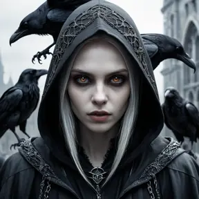 Intricate portrait of a horrifying pale hooded female vampire in a dystopian world with Ravens