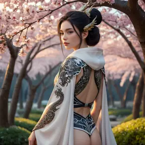 Morgana, adorned with intricate, dragon-themed tattoos that cover her back and shoulders, dressed in a traditional, Japanese-inspired outfit with a hood, standing in a serene, cherry blossom grove at dusk.