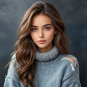 A gorgeous woman with brown hair and warm eyes, wearing a cozy sweater and distressed denim