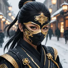 Wallpaper of a mysterious beautiful masked kunoichi ninja wearing eyeliner and gold jewelry in the streets of a dark snowy town in moscow, fluid motion