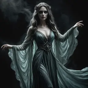 Ghostly rotting dead evil undead siren, graceful, flowing robes, wispy, glowing dark eyes, darkness