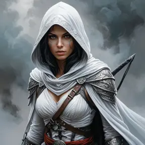 White hooded female assassin emerging from the fog of war