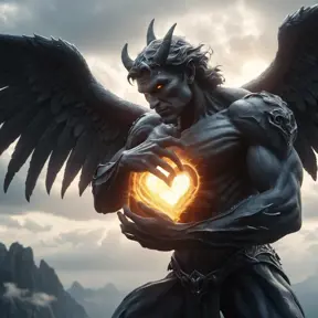 An angel flying hugging a demon flying, forming a heart shape