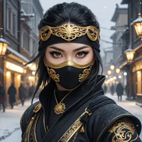 Wallpaper of a mysterious beautiful masked kunoichi ninja wearing eyeliner and gold jewelry in the streets of a dark snowy town in moscow, fluid motion