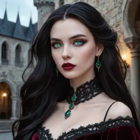 A stunningly beautiful vampire queen with piercing emerald eyes, porcelain skin, and long flowing black hair, adorned in a gothic burgundy velvet gown, standing in a castle courtyard bathed in moonlight, intricate details, hyperrealistic, sharp focus