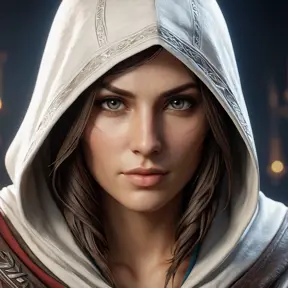 A beautiful Kassandra wearing a white hood in full Assassin's Creed style