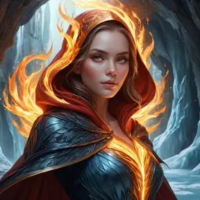 A mesmerizing female fire sorceress, cloaked in a veil of shimmering fire, standing within a cavern of crystal-clear ice, her presence causing the air to shimmer with heat, her eyes reflecting both fire and ice, a paradox of power.