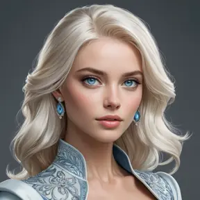 A mesmerizingly beautiful woman with platinum blonde hair, icy blue eyes, and a regal bearing, exuding power and sophistication