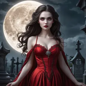 A stunning female vampire with alabaster skin, dressed in a flowing, blood-red gown, standing beneath a full moon in a gothic cemetery, her eyes glowing with an otherworldly light.