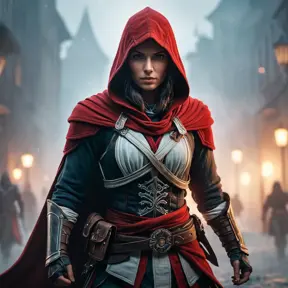 Red hooded Assassin's Creed female assassin emerging from the fog of battle