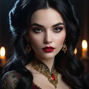 Close-up portrait of Vampire Princess Jasmine, seductive gaze, pale skin, crimson lips, sharp fangs subtly visible, intricate makeup,  flowing dark hair,  dramatic chiaroscuro lighting