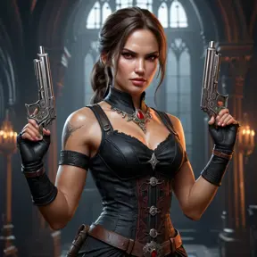 photorealistic portrait of Lara Croft as a vampire, sharp fangs, crimson eyes, intricate gothic Victorian dress, holding dual pistols