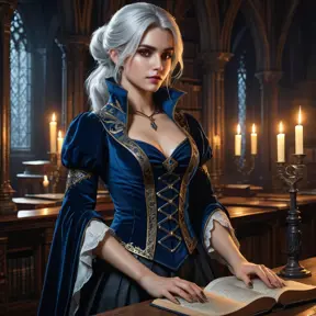 In a gothic library filled with dusty tomes and flickering candlelight, Vampire Ciri leans over an open book, her intense amber eyes reflecting a world of arcane secrets. Her elegant silhouette is draped in flowing midnight-blue velvet, and a pair of sharp silver daggers rests at her hips, glinting softly.