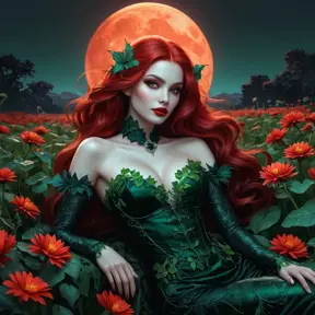 A seductive, gothic vampire, reminiscent of Poison Ivy, with emerald skin, long, flowing vines for hair, and crimson lips, lounging amidst a field of poisonous, bioluminescent flowers under a blood-red moon