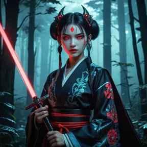 Cyberpunk Vampire Princess Mononoke:  A futuristic reimagining of San as a powerful vampire princess, with cybernetic enhancements, glowing red eyes, and sharp fangs, wearing a dark, futuristic kimono incorporating neon accents, wielding a high-tech katana, in a neon-lit, cyberpunk forest