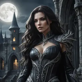 A brooding, elegant vampire Sarah Kerrigan, standing amidst a crumbling gothic castle, moonlight illuminating her pale face, sharp fangs visible,  long flowing black hair