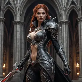 Dark fantasy portrait of Sarah Kerrigan, vampire queen, wielding a wicked blade, dripping blood, dramatic pose, detailed armor, gothic cathedral setting