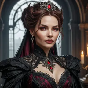 A hyperrealistic portrait of Sarah Kerrigan, transformed into a gothic vampire queen, sharp fangs, crimson eyes glowing faintly, intricate dark Victorian-era gown, ethereal