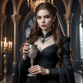 Aloy as a gothic vampire, elegant black dress, pale skin, sharp features, long dark hair, holding a silver goblet, opulent background