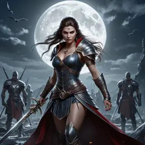 Kassandra, a powerful vampire warrior, wielding a wickedly curved sword, bathed in moonlight.  She stands amidst a battlefield strewn with fallen foes,  dynamic pose