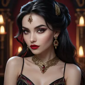 Close-up portrait of Vampire Princess Jasmine, seductive gaze, pale skin, crimson lips, sharp fangs subtly visible, intricate makeup,  flowing dark hair,  dramatic chiaroscuro lighting