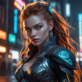 Cyberpunk vampire Aloy, neon lights reflecting in her eyes, futuristic tribal armor, glowing runes, intricate details, sharp fangs, holding a high-tech bow, dark city background