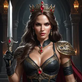 Dark fantasy illustration of Lara Croft as a powerful vampire queen, regal pose, ornate crown, crimson eyes, long flowing dark hair, holding a jeweled dagger