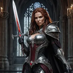 Dark fantasy portrait of Sarah Kerrigan, vampire queen, wielding a wicked blade, dripping blood, dramatic pose, detailed armor, gothic cathedral setting