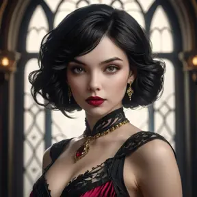 a stunning portrait of Cassandra Cain as a seductive vampire, pale skin, dark hair, crimson lips, piercing gaze, elegant gothic dress, ornate jewelry, dramatic lighting