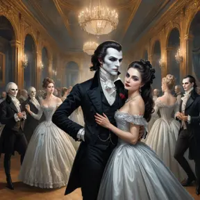 A haunting portrait on the wall captures the essence of an ageless vampire. The painting depicts them in a lavish 18th-century ballroom, swirling in an ethereal dance, surrounded by masked guests whose eyes turn to follow every graceful movement