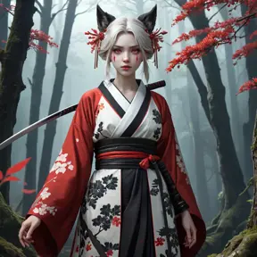 A gothic anime princess, reminiscent of San from Princess Mononoke, but with pale skin, sharp fangs, and crimson eyes, standing amidst a decaying forest, wearing a tattered kimono adorned with blood-red blossoms, holding a katana dripping with moonlight