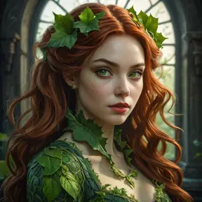 A hyperrealistic portrait of a vampire Poison Ivy.  Her skin is a vibrant, toxic green, with visible veins pulsing beneath the surface.  She wears a tattered, vine-woven dress, and her eyes glow with an unnatural light