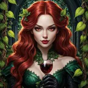 Poison Ivy's face, but with sharp fangs and piercing red eyes, draped in dark, velvety vines, holding a goblet of crimson liquid