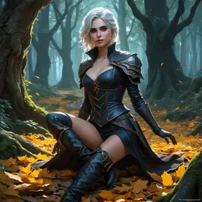 Vampire Ciri wanders through an enchanted forest, where ancient trees whisper secrets and bioluminescent flowers light the path ahead. She moves gracefully, her boots crunching on fallen leaves, while a mystical aura surrounds her, blending with the magic of the woods.