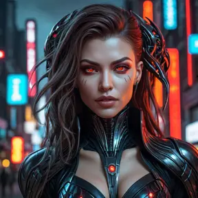 Cyberpunk vampire Sarah Kerrigan, blending biomechanical enhancements with gothic elegance, glowing red eyes, sharp teeth,  dark futuristic cityscape backdrop, neon lights