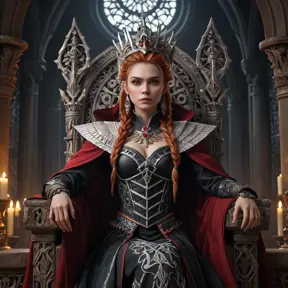 Aloy, vampire queen, sitting on a throne of bones, regal expression, crimson eyes, intricate headdress, dark flowing robes, gothic architecture