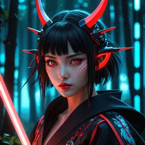 Cyberpunk Vampire Princess Mononoke:  A futuristic reimagining of San as a powerful vampire princess, with cybernetic enhancements, glowing red eyes, and sharp fangs, wearing a dark, futuristic kimono incorporating neon accents, wielding a high-tech katana, in a neon-lit, cyberpunk forest