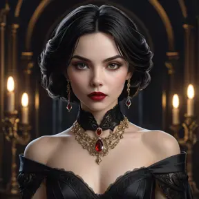 a stunning portrait of Cassandra Cain as a seductive vampire, pale skin, dark hair, crimson lips, piercing gaze, elegant gothic dress, ornate jewelry, dramatic lighting