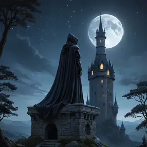 A mysterious figure stands atop an ancient, moonlit castle turret. Cloaked in shadows, their pale skin glows softly under the starry night sky. Eyes like burning sapphires pierce through the darkness as they survey the sprawling forest below.